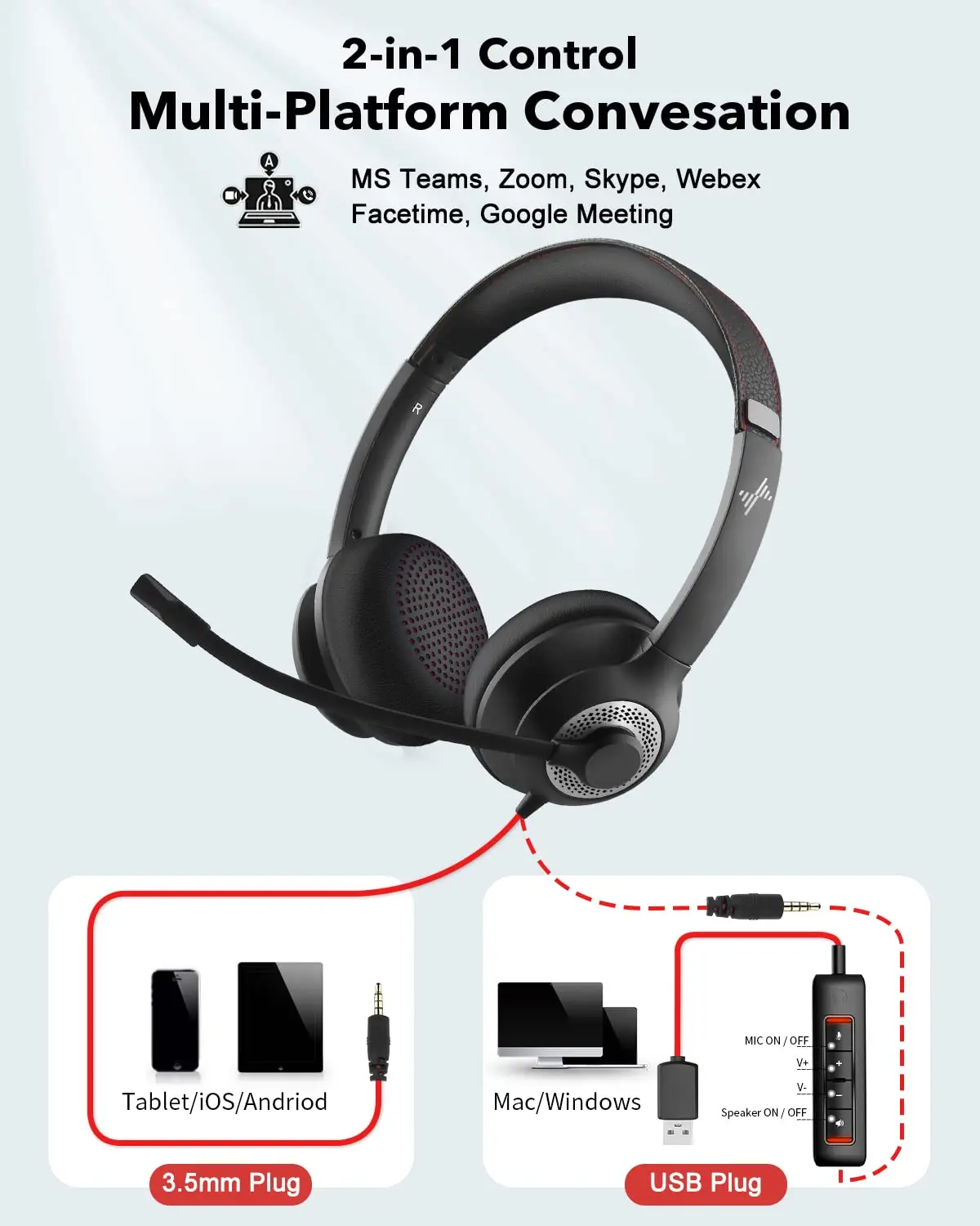 USB Headset with Mic for PC On-Ear Computer Laptop Headphones with Noise Cancelling Microphone in-line Control for Home Office - Image 5